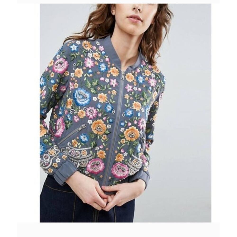 Needle & Thread Sundaze Floral Embroidered Bomber Jacket Size: 4 NEW